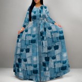 Casual Print O Neck Long Sleeve Maxi Dresses