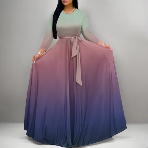 Casual Print O Neck Long Sleeve Maxi Dresses