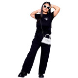 Simple Embroidered Casual Sports Round Neck Wide Leg Pants Set