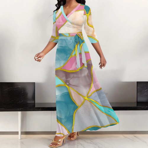 1 Piece Custom Casual Print V Neck Long Sleeve Maxi Dresses