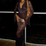 Solid Deep V Lace Pattern Sexy See-through Long Sleeve Long Dress