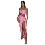 Fashion Strapless Tube Top Pleated Slit Lace-up Long Skirts