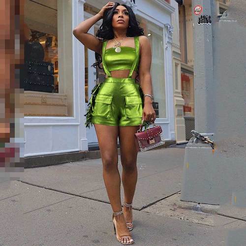 Sexy Metallic Wrap Tassel Overall Shorts Fashion Set
