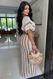Sexy V-neck Hollow Striped Knitted Ladies Long Skirt Set