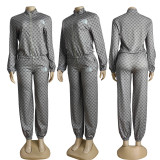 Casual Printed Embroidery High Collar Zipper Sportswear Two-piece Set