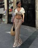 Sexy V-neck Hollow Striped Knitted Ladies Long Skirt Set