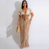Sexy V-neck Hollow Striped Knitted Ladies Long Skirt Set