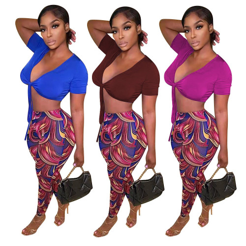 Casual Bandage Crop Tops and Printed Long Pants