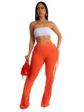 Elastic Washed Cotton Distressed Fringed Tight Flared Trousers