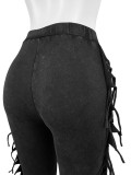 Elastic Washed Cotton Distressed Fringed Tight Flared Trousers