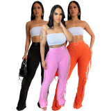 Elastic Washed Cotton Distressed Fringed Tight Flared Trousers