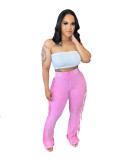 Elastic Washed Cotton Distressed Fringed Tight Flared Trousers