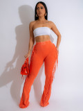 Elastic Washed Cotton Distressed Fringed Tight Flared Trousers