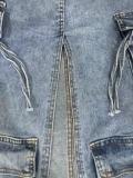 Casual Split Holes Ripped Denim Skirt with Multiple Pockets