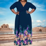 Casual Print Belted V Neck Long Plus Size Dresses