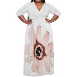 Casual Print Belted V Neck Long Plus Size Dresses