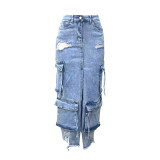 Casual Split Holes Ripped Denim Skirt with Multiple Pockets