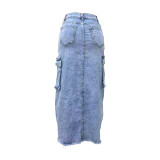 Casual Split Holes Ripped Denim Skirt with Multiple Pockets