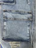 Casual Split Holes Ripped Denim Skirt with Multiple Pockets