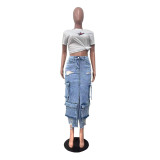 Casual Split Holes Ripped Denim Skirt with Multiple Pockets