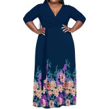 Casual Print Belted V Neck Long Plus Size Dresses