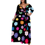 Casual Africa Map Print V Neck Long Plus Size Dresses