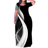 Casual Print Crew Neck Long Plus Size Dresses