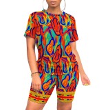 1 Piece Custom Casual Printed O Neck 2 Piece Short Set