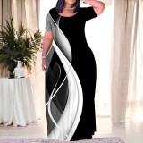 Casual Print Crew Neck Long Plus Size Dresses