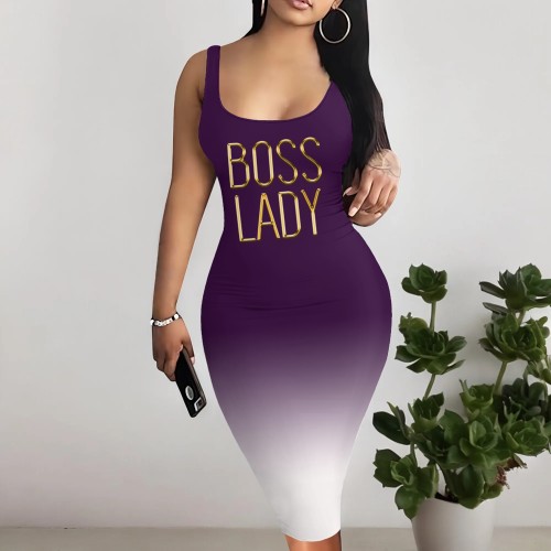1 Piece Custom Fashion Printed Gradient Color Sleeveless Midi Dress