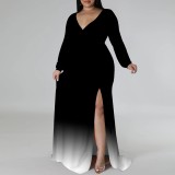 Casual Print Gradient Color V Neck Plus Size Long Dresses