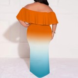 Casual Print Gradient Color Off Shoulder Plus Size Long Dresses
