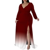 Casual Print Gradient Color V Neck Plus Size Long Dresses