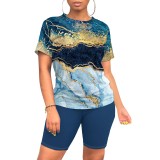 1 Piece Custom Casual Printed O Neck 2 Piece Short Set