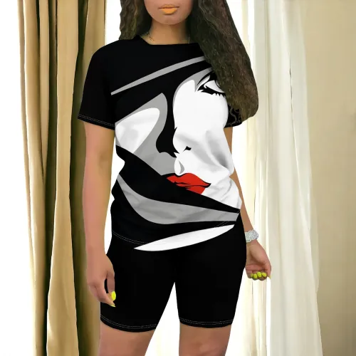 1 Piece Custom Casual Printed O Neck 2 Piece Short Set