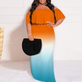 Casual Print Gradient Color Off Shoulder Plus Size Long Dresses