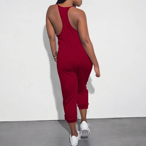 Casual Solid Color Straps V Neck One-Piece Jumpsuits