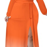 Casual Print Gradient Color V Neck Plus Size Long Dresses