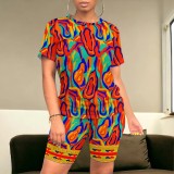 1 Piece Custom Casual Printed O Neck 2 Piece Short Set