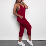 Casual Solid Color Straps V Neck One-Piece Jumpsuits