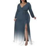 Casual Print Gradient Color V Neck Plus Size Long Dresses