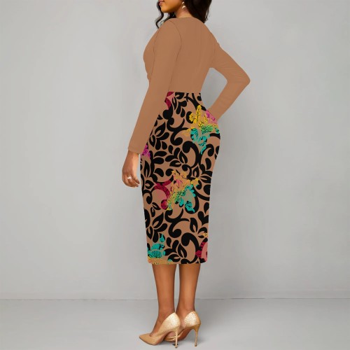 1 Piece Custom Casual Printed Long Sleeve V Neck Maxi Dress
