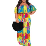 Casual Print Pleated Off Shoulder Plus Size Long Dresses