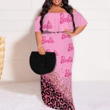 Casual Print Pleated Off Shoulder Plus Size Long Dresses