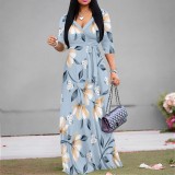 1 Piece Custom Solid Printed V Neck Long Sleeve Maxi Dress