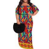 1 Piece Custom Casual Print Off Shoulder Plus Size Maxi Dress
