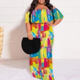 Casual Print Pleated Off Shoulder Plus Size Long Dresses