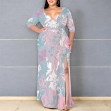 1 Piece Custom Casual Print V Neck Plus Size Maxi Dress