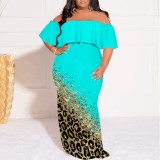 Casual Print Pleated Off Shoulder Plus Size Long Dresses