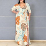 1 Piece Custom Casual Print V Neck Plus Size Maxi Dress